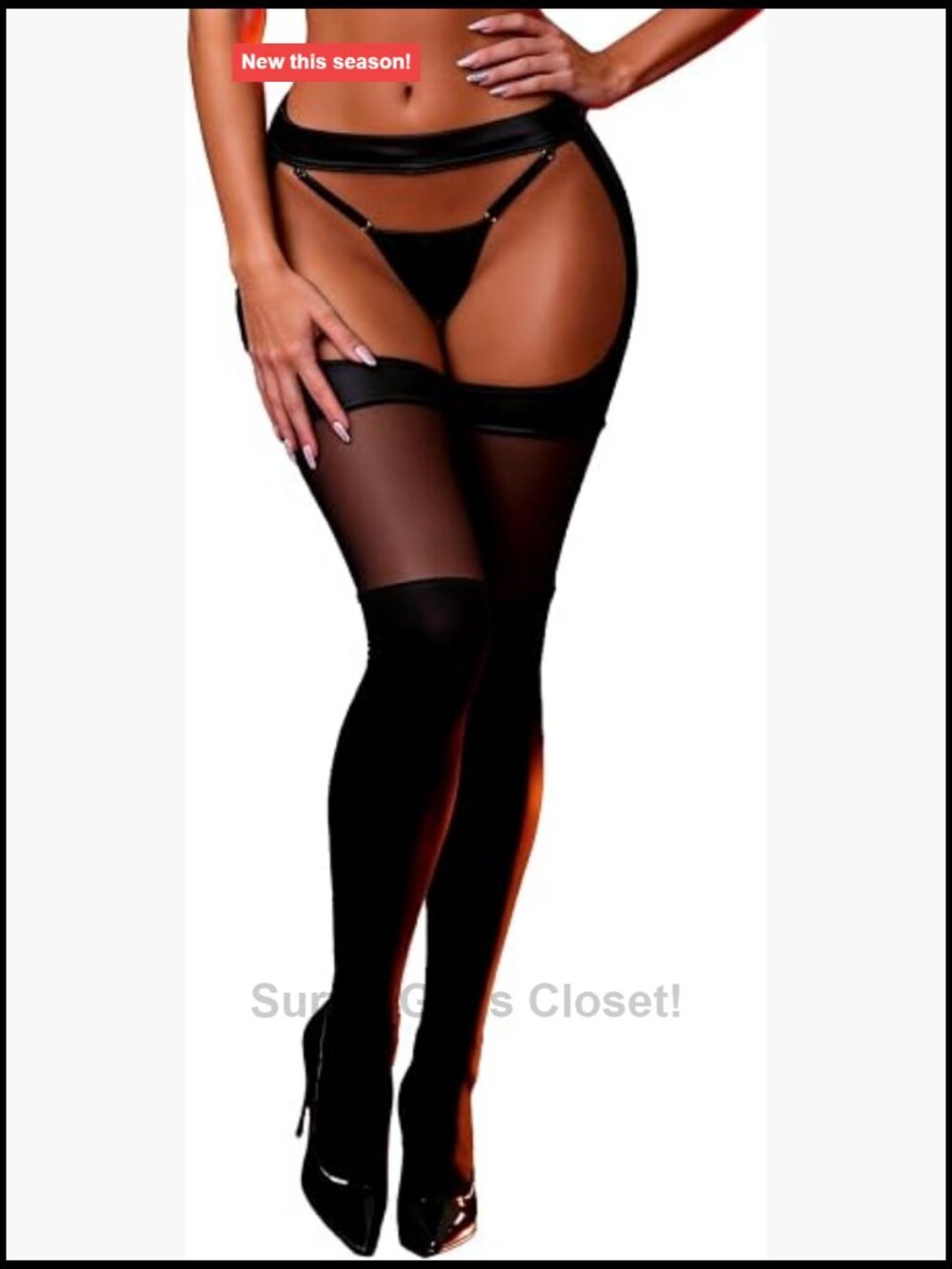 Women PU Leather Plus Size Suspender Pantyhose with Adjustable Thong Lingerie